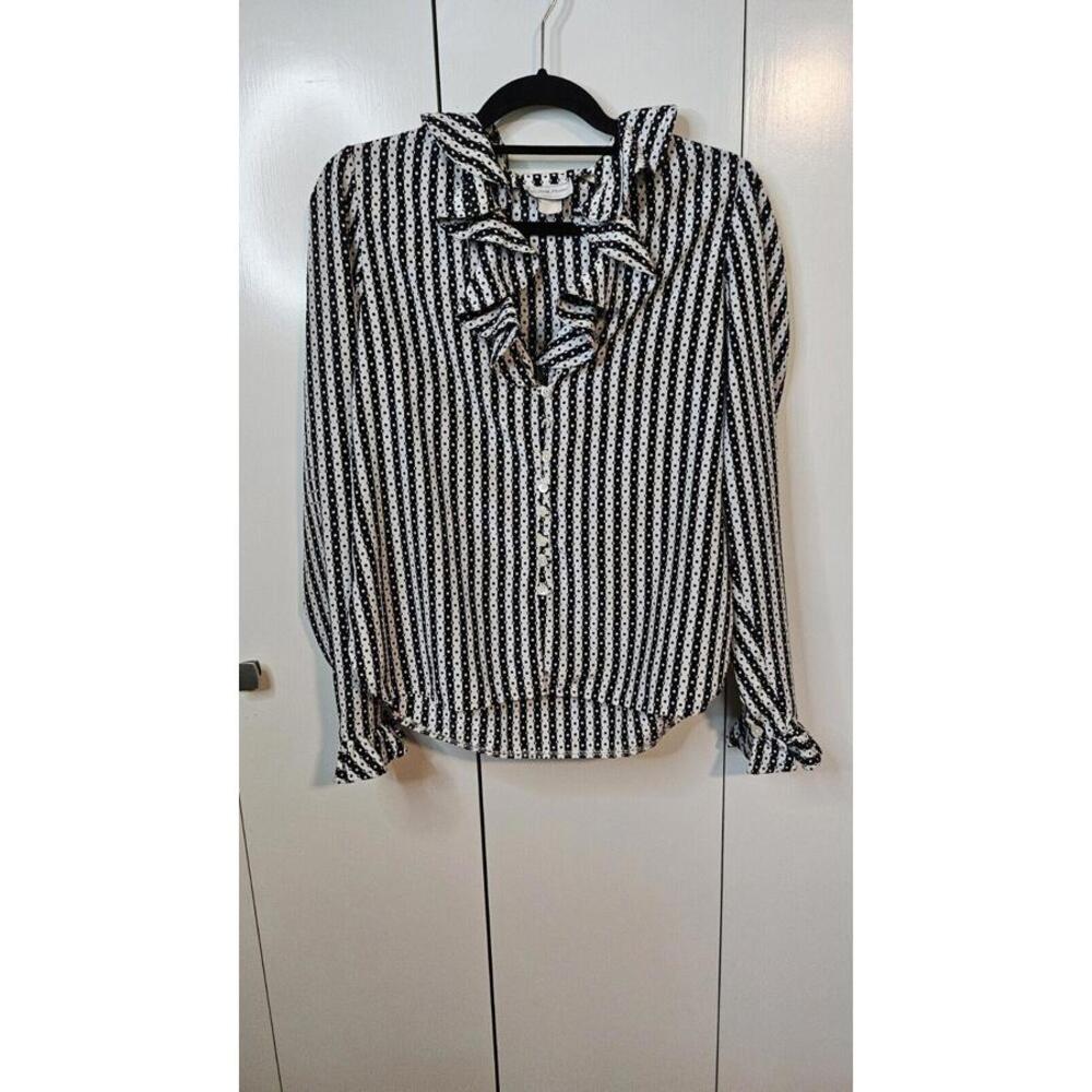 Evan Piccone ruffled button front striped polka dot blouse. SMALL